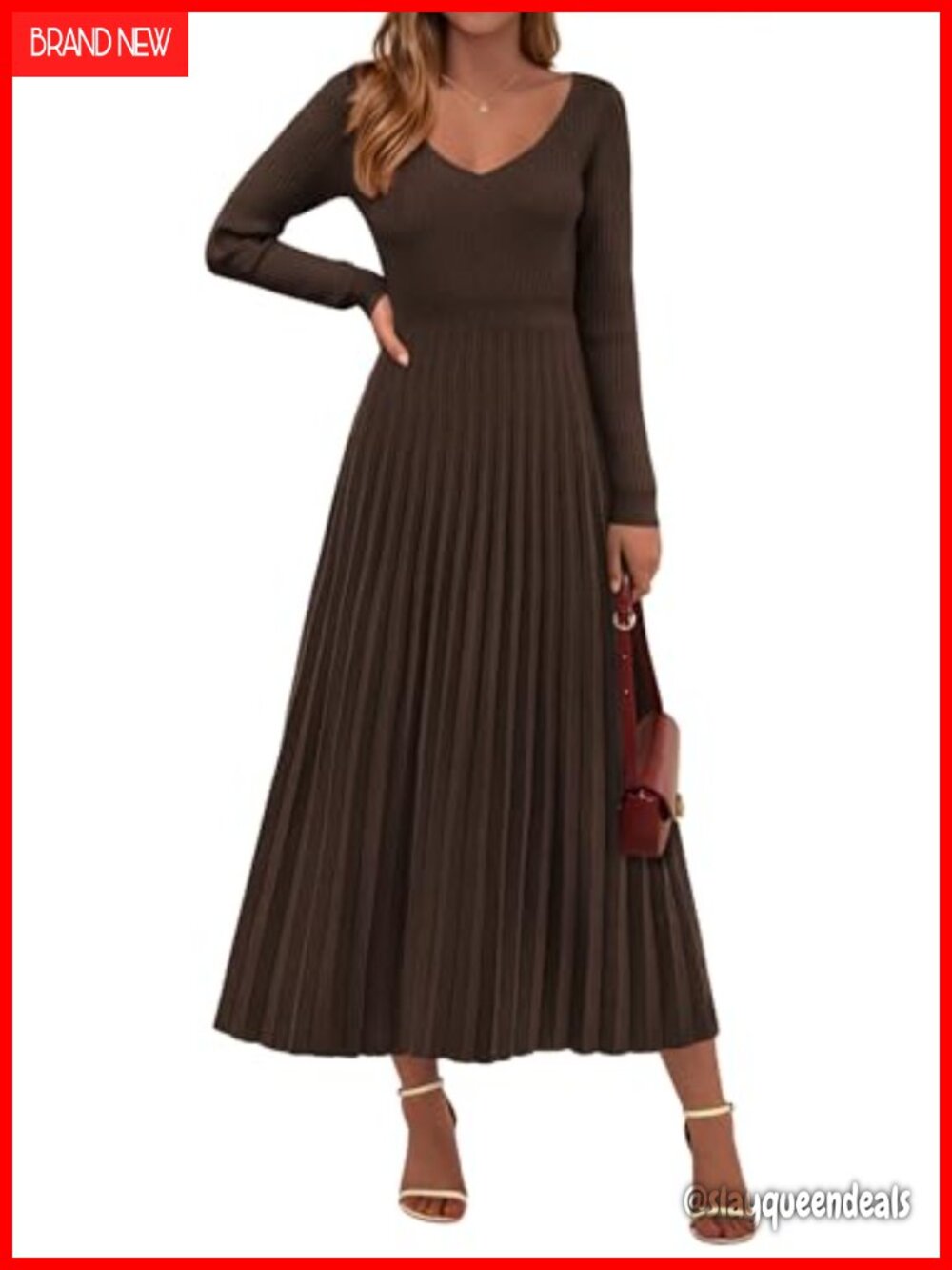 Sweater Dress V-Neck Long Sleeve Fit & Flare Maxi Pleated Ribbed Knit